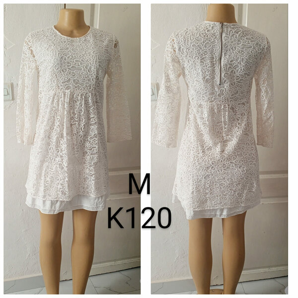 Women's White Lace Dress Short, Long Sleeves, size M