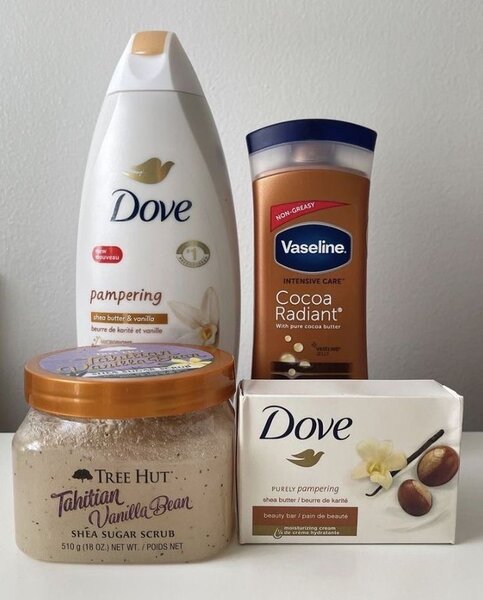 Dove shower gel,scrub,bar soap and Vaseline lotion