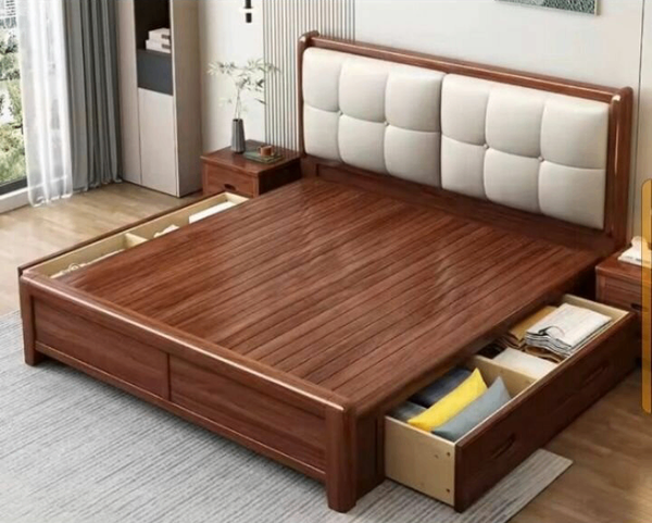 Lit double en bois avec rangement