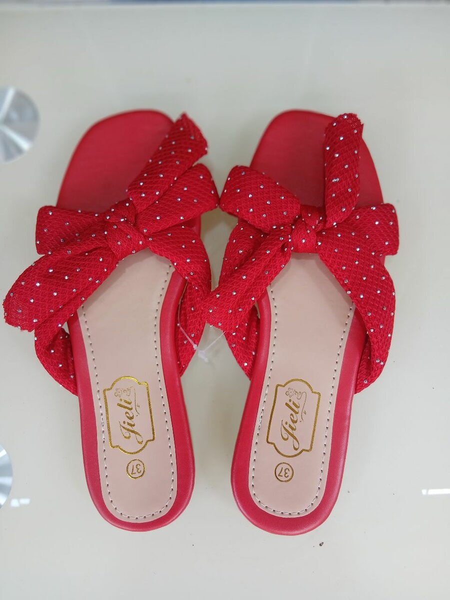 Red Flat Sandals with Bow for Women