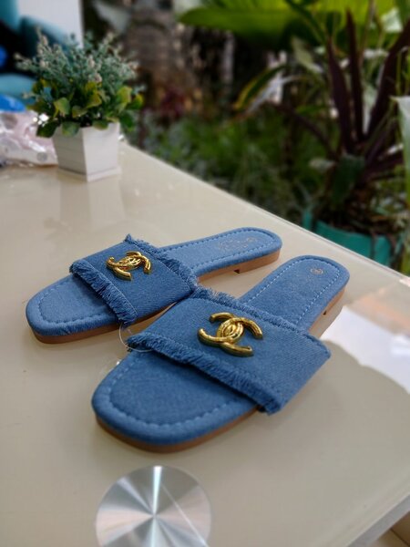 Blue Denim Slides with Gold CC Logo