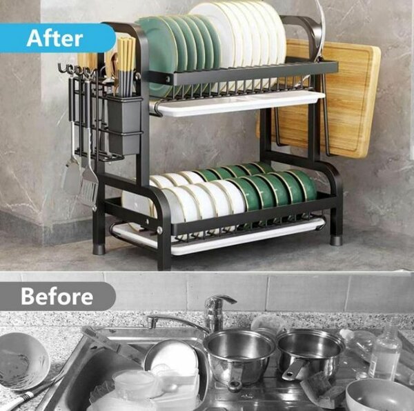 Égouttoir à vaisselle 2 niveaux avec couverts