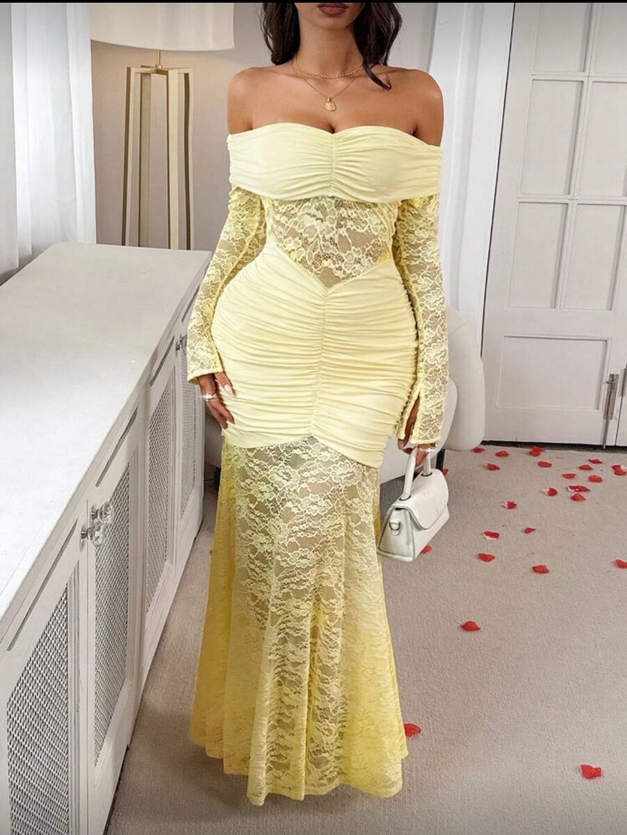 Robe Longue en Dentelle Jaune