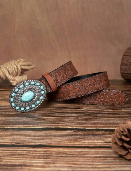 Ceinture en cuir gravée avec boucle turquoise