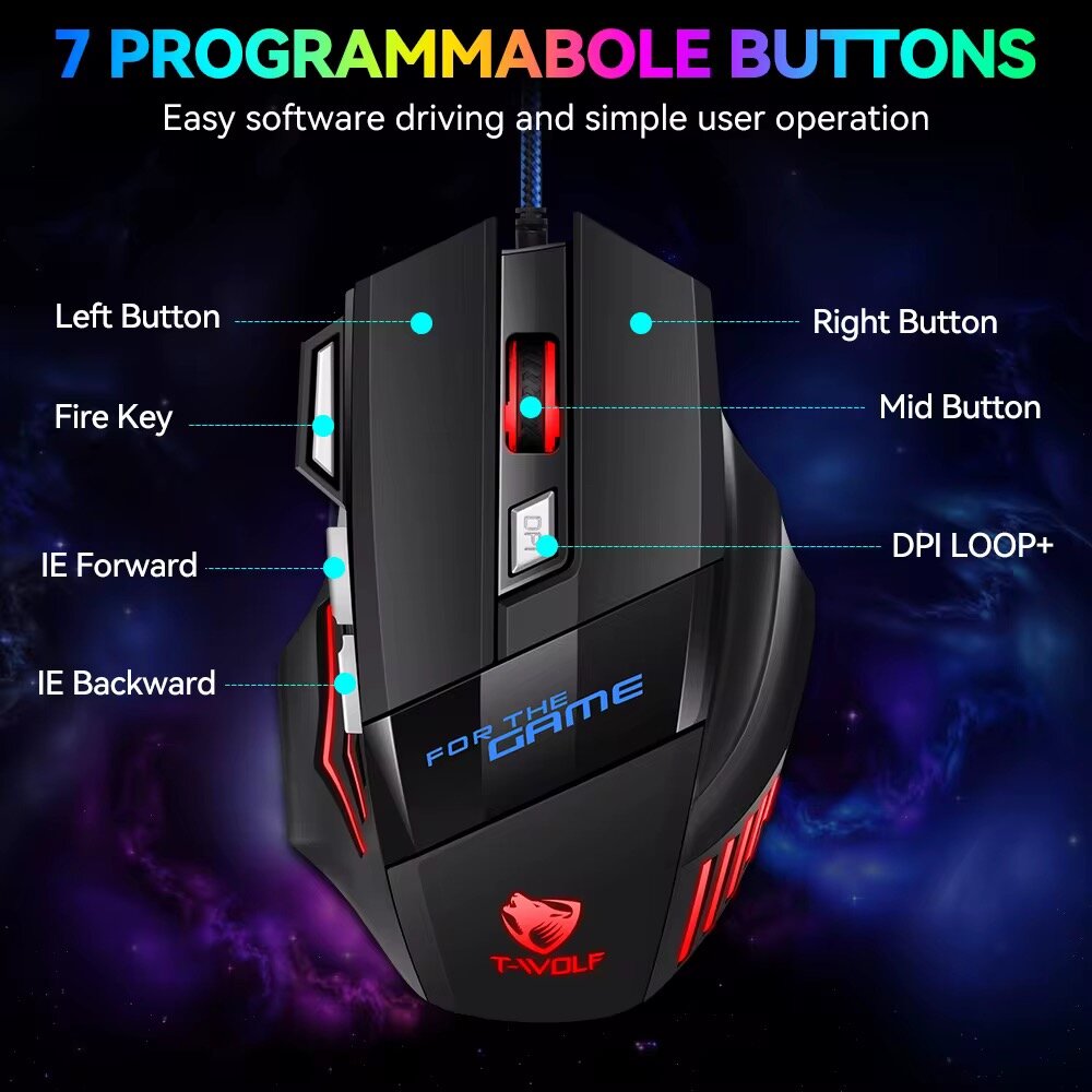 Souris gaming T-WOLF RGB 7 boutons programmables