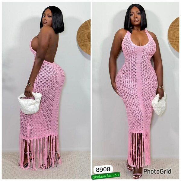 Robe longue en crochet rose