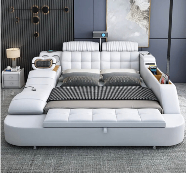 Lit intelligent blanc avec rangement et éclairage