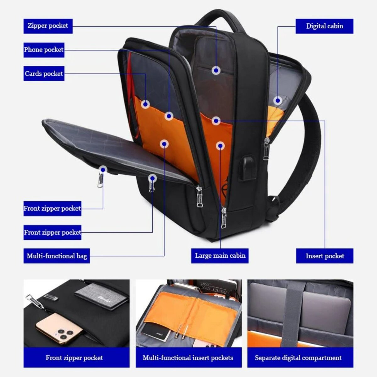 Sac à dos multifonctionnel USB pour homme