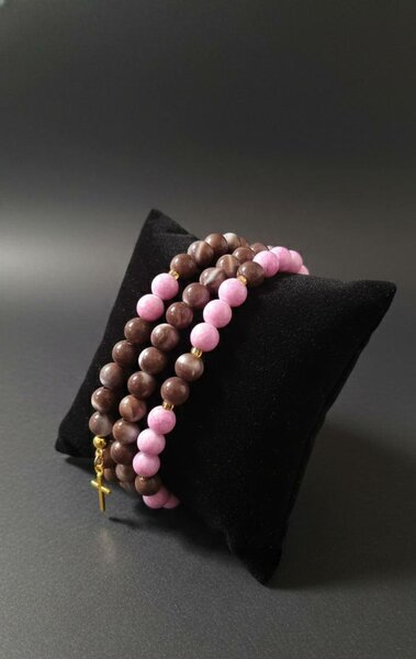 Collier perles en bois et rose