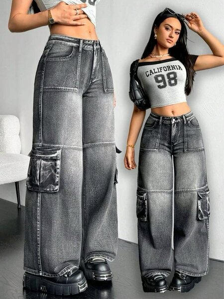 Jeans cargo femme gris