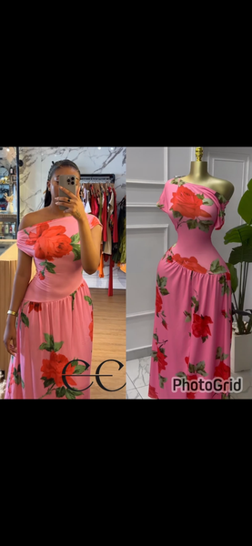 Robe longue rose fleurie