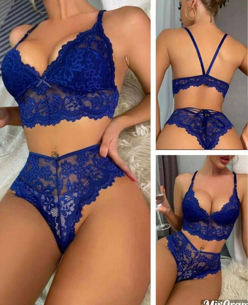 Ensemble lingerie bleu dentelle
