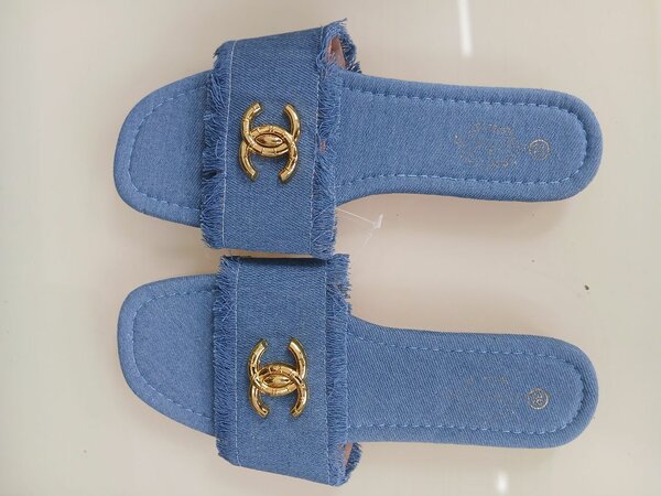 Blue Denim Slides with Gold CC Logo