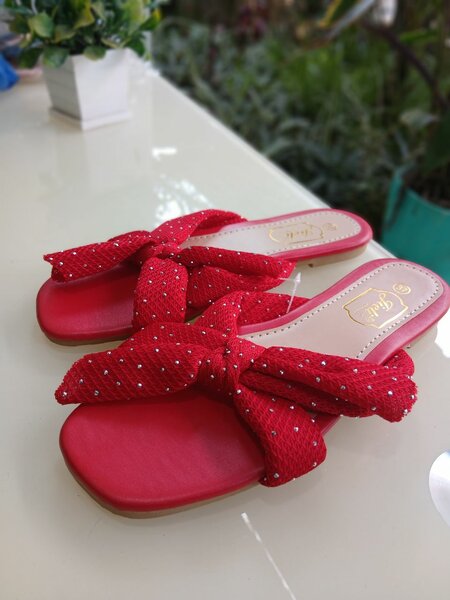 Red Flat Sandals with Bow for Women