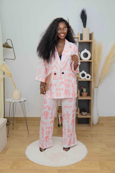 Ensemble pantalon et veste rose pour femme