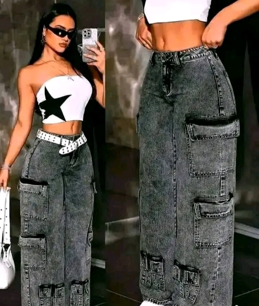 Jean cargo long femme gris