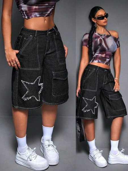 Cargo shorts femme noir avec étoile