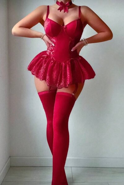 Ensemble lingerie rouge sexy avec collant