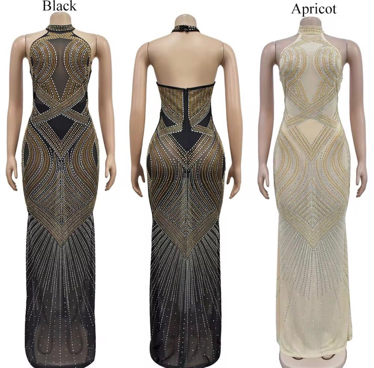 Robe longue transparente à paillettes dorées