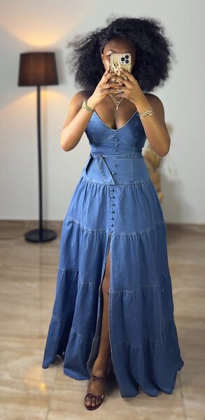 Robe longue en denim bleu