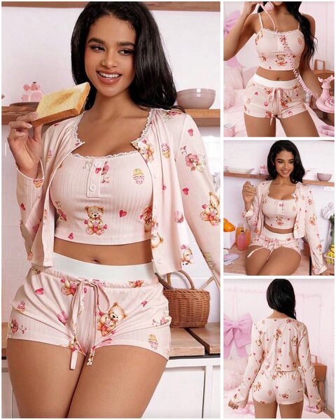 Ensemble pyjama 3 pièces en soie pour femme