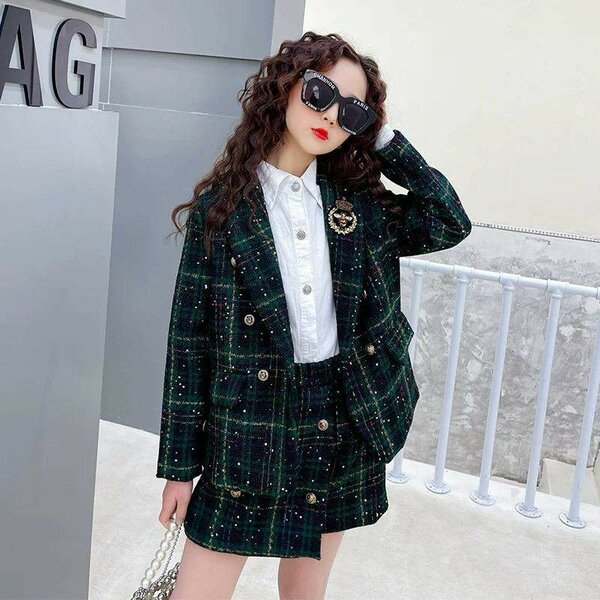 Ensemble jupe et veste carreaux verts pour femme