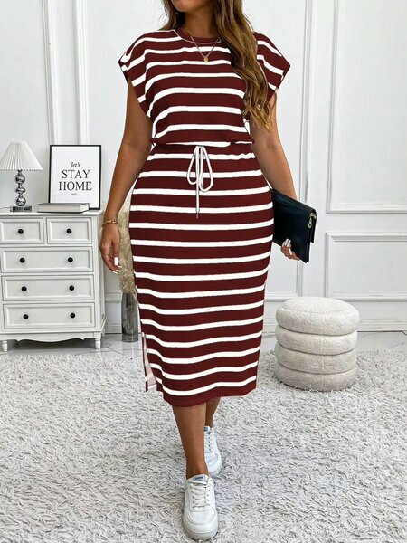 Robe rayée marron/blanc femme