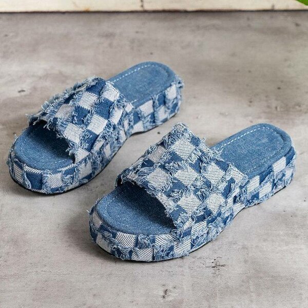 Mules en jeans patchwork bleu