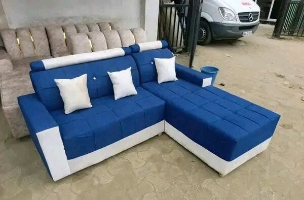 Canapé d'angle convertible bleu et blanc