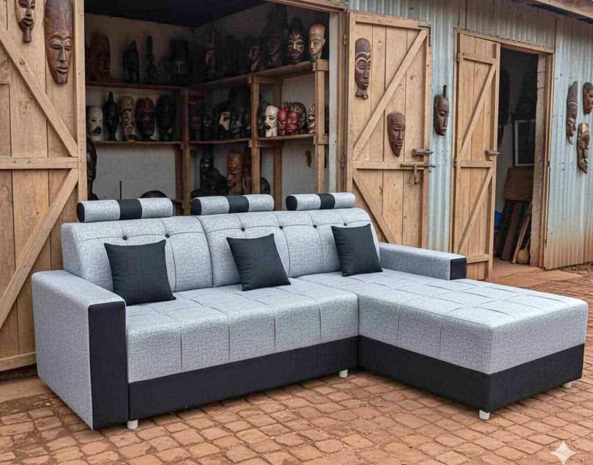 Canapé d'angle gris et noir en cuir