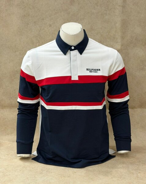 Polo homme HILFIGER rayé marine et rouge