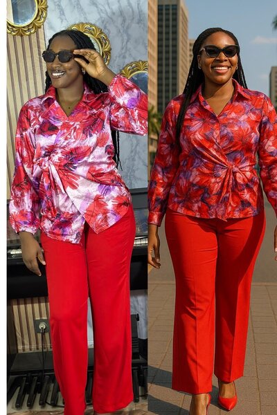 Chemisier rouge fleuri femme