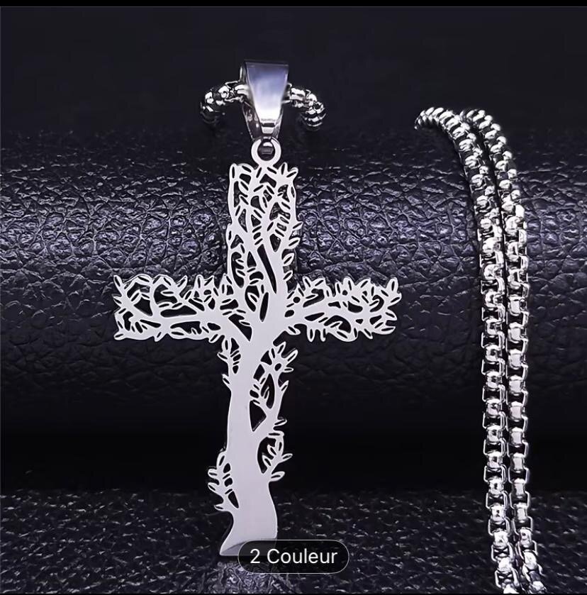 Collier Croix Arbre de Vie en Acier