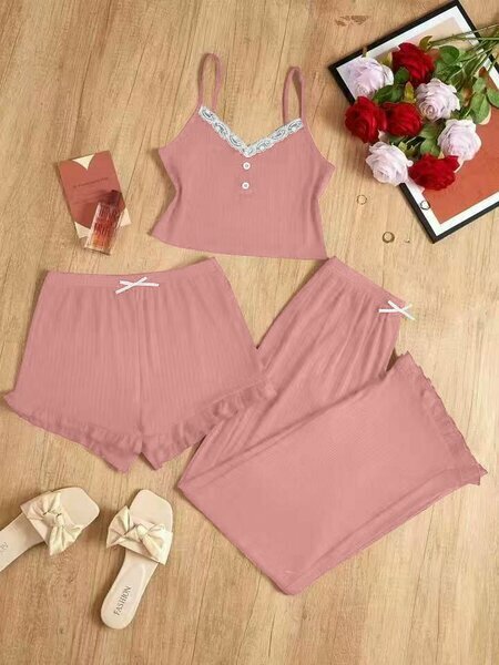 Ensemble 3 pièces pyjama rose femme