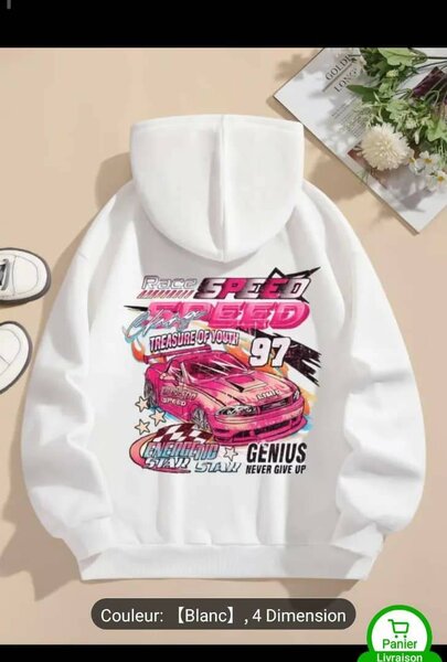 Sweat à capuche blanc avec imprimé voiture