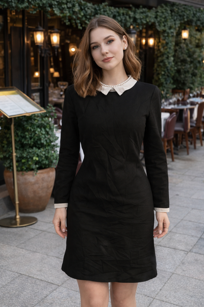 Robe élégante noire col perle