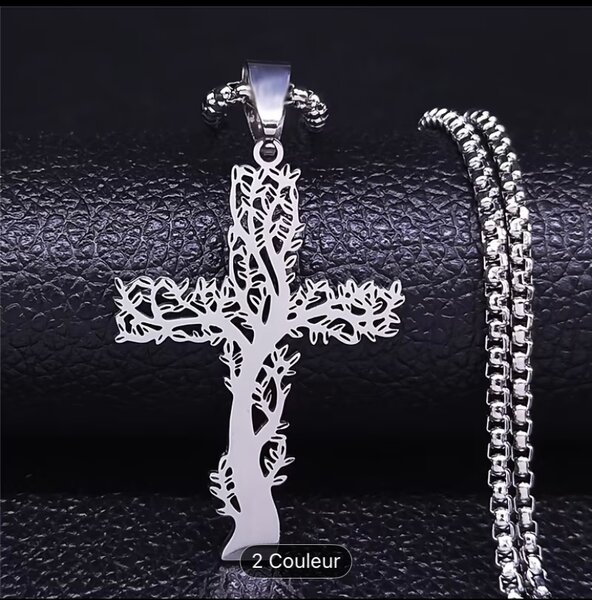 Collier Croix Arbre de Vie en Acier