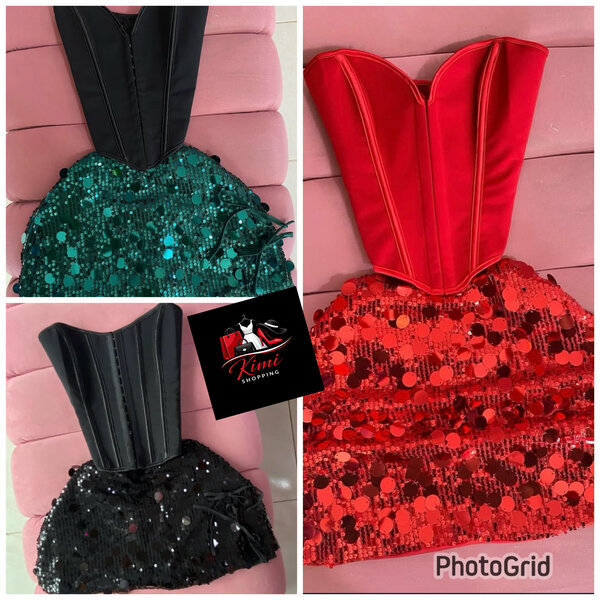 Corset paillettes rouge, noir, sarcelle