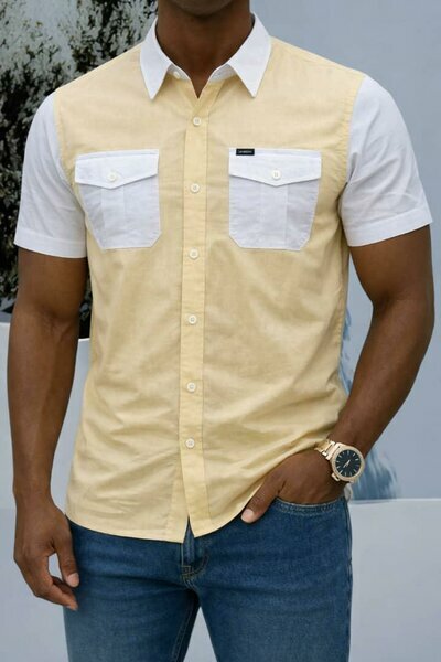 Chemise jaune poches blanches
