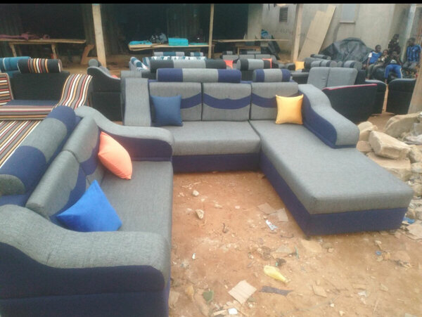 Canapé d'angle gris et bleu