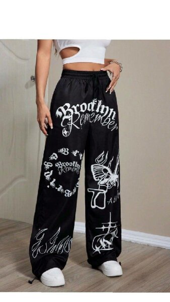 Pantalon large noir femme graffiti