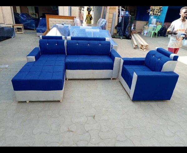 Canapé d'angle bleu et blanc en cuir