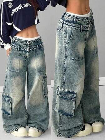 Jeans larges cargo délavés pour femmes