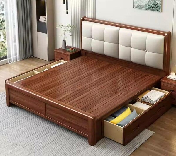 Lit bois avec rangement et tête de lit capitonnée