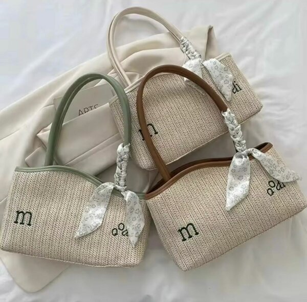 Sac cabas en paille avec poignée et ruban