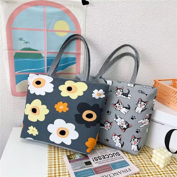 Sac fourre-tout en toile imprimé fleurs et chats