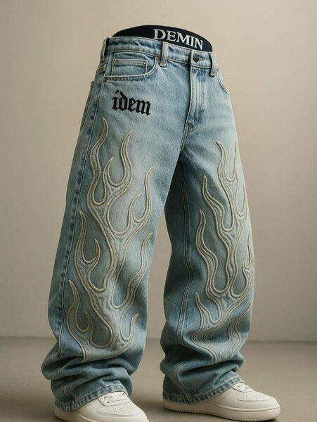 Jeans homme délavés avec motifs de flammes