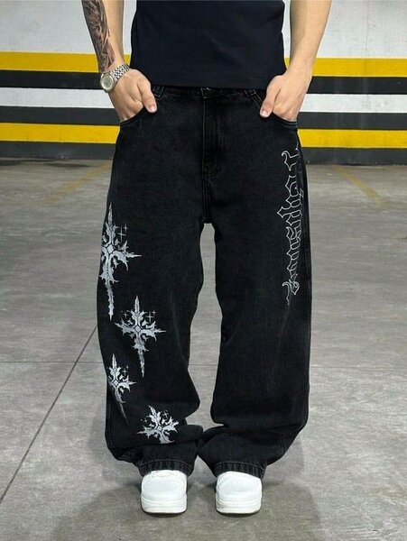 Jeans homme noir avec motifs blancs